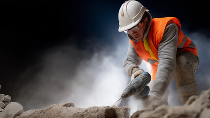 Worker using hammer drill to open damaged concrete section. A focused worker in full safety gear uses a hammer drill to remove cracked sections of a concrete foundation wall. Flyin