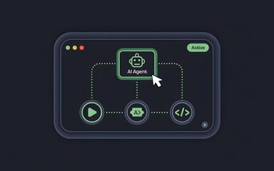 A schematic representation of an AI agent in a digital interface, highlighting its active status and interconnected functionalities. The interface has a sleek, modern design.
