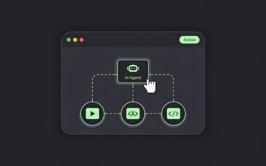 A sophisticated graphic showcasing AI agent architecture, illustrating a connection between various modules and interfaces