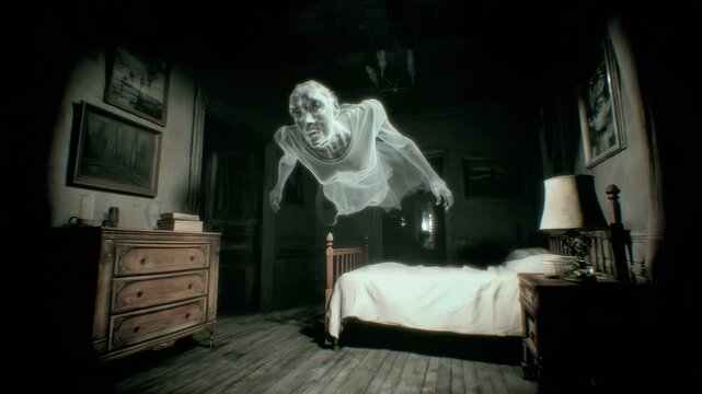 Terrifying ghost levitating over a bed in a dark bedroom. First-person view, found footage style horror scene of a paranormal nightmare or sleep paralysis.

