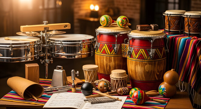 Traditional Hispanic percussion instruments displayed artistically
