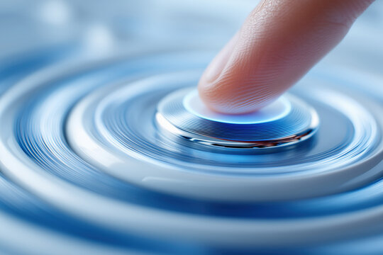 Human Finger Pressing Blue Glowing Technology Button Activating Digital System Concept Future Innovation Control