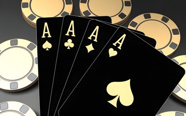 Aces of poker with poker chips on a black background. The cards show four aces