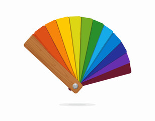 Obraz premium Colorful wooden fan with multiple rainbow-colored panels on a plain white background.