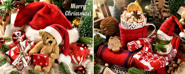 Christmas banner with a cup of hot chocolate with marshmallows and teddy bear in Santa hat
