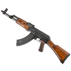 AK-47 Assault Rifle: An imposing AK-47 assault rifle, a symbol of military power and firearm technology, is showcased. The detailed features of this classic weapon.