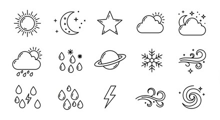 Obraz premium Minimal Weather and Celestial Icons , Sun, Moon, Star, Cloud, Snowflake, Lightning, and Planet Outline Vector Set