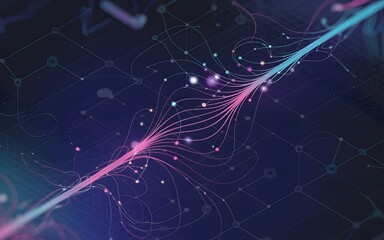 Digital illustration showcasing abstract data flow and network connection. A mesmerizing display of interconnected lines and glowing nodes symbolizing digital information transfer