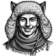 Smiling man in a fur-trimmed hat and scarf.  Detailed black and white illustration