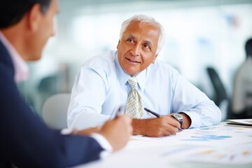 Senior Professional Engages in Business Meeting with Colleague at Office.