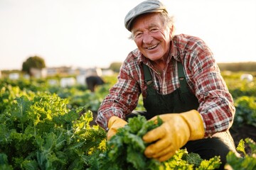 Happy Senior Farmer Harvesting Organic Kale on Sunny Farm.