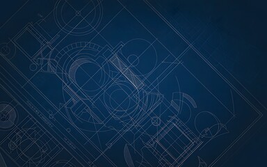 Detailed abstract engineering blueprint on a dark blue background, showcasing intricate technical drawings and designs.