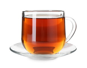 Cup of aromatic black tea isolated on white