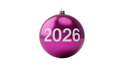 Pink christmas ornament ball with year two thousand twenty six holiday decoration celebration new year sphere on transparent background
