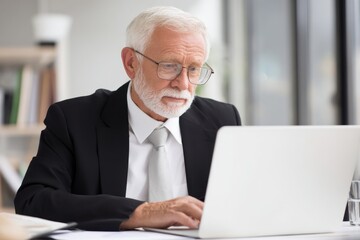 Senior Businessman Focused on Work Using Laptop in Modern Office Environment.