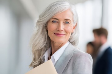 Confident Senior Professional Woman Smiling in Modern Office Environment.