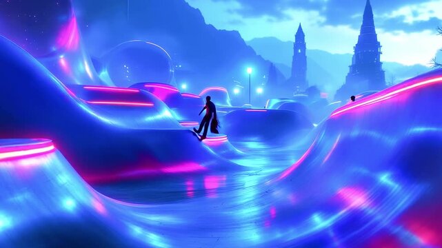 A neon-lit futuristic skatepark features undulating ramps, silhouetted skaters, and architectural elements
