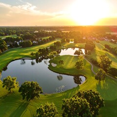 Aerial view of a golf course at sunset. Lush green fairways and ponds reflect the golden light.  Residential homes are visible in the background