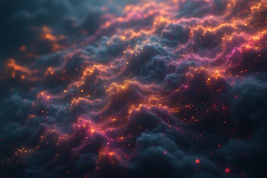 Vibrant cosmic nebula with fiery hues and swirling gas clouds illuminating the deep space expanse