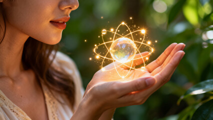 Woman holding glowing atomic model
