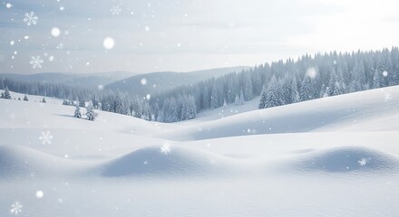 Serene winter landscape with falling snow and pine forest