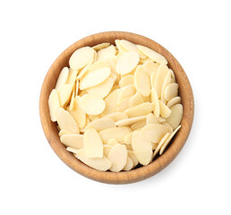 Fresh almond flakes in bowl isolated on white, top view