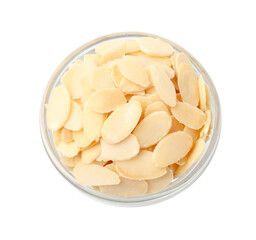 Fresh almond flakes in bowl isolated on white, top view