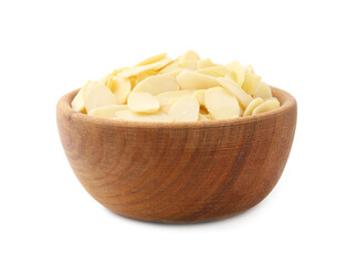 Fresh almond flakes in bowl isolated on white