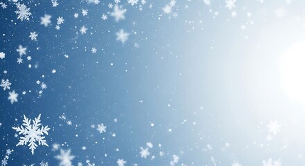 Fototapeta premium Winter snowflakes falling gentle blue gradient festive background with sparkling light effects