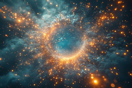 Vibrant cosmic nebula with glowing orbs and swirling gas clouds illuminating the deep space expanse with fiery hues