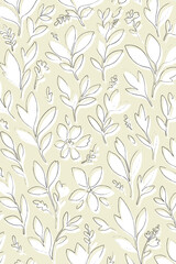 modern, abstract seamless pattern featuring bold line art of leaves and flowers with a scribbled, hand-drawn texture against a warm, pale yellow background. This elegant design is ideal for textiles 