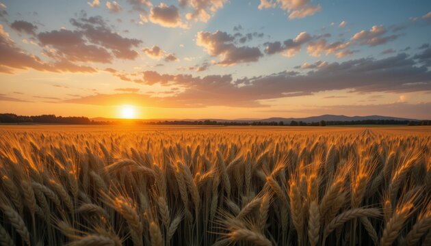 Golden wheat field bathed in warm sunset light, evoking feelings of abundance and natural beauty, perfect for agricultural themes.