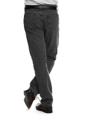 Fototapeta premium Man in stylish jeans on white background, closeup