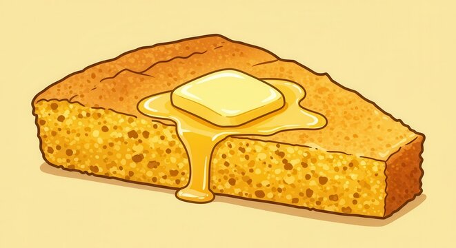Golden cornbread slice with melting butter and honey.