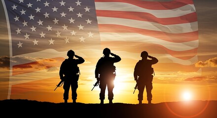 Veterans Day tribute Soldiers salute the American flag at sunset, symbolizing national gratitude, honor, and remembrance for their service