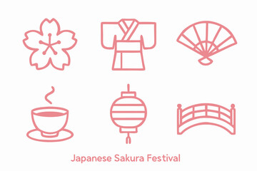 Delicate Pink Japanese Sakura Festival Icons Depicting Cultural Elements