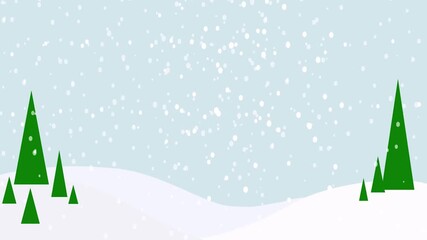 Peaceful animated background showing a stylized winter scene. Snowflakes gently fall over white hills and green pine trees during a blizzard - Powered by Adobe