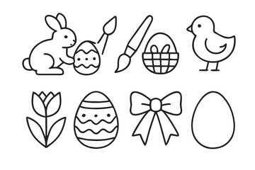 Outlined Easter Symbols Bunny Eggs Chick Brush Basket Bow and Tulip
