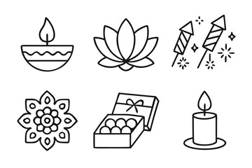 Simple Black and White Line Art of Festive Diwali Symbols