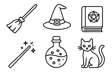 Simple Black and White Witchcraft Icons Depicting Magic and Mysticism
