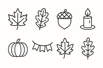 Simple Black Outline Autumn Icons Depicting Leaves Pumpkin and Candle