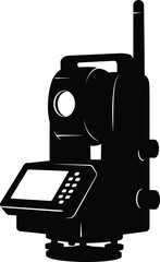 Digital total station surveying instrument for precise geographic measurement and construction site planning with advanced digital display and antenna vector silhouette