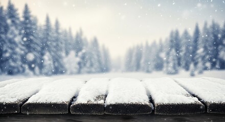 Snowy wooden table in a winter forest scene with soft sunlight