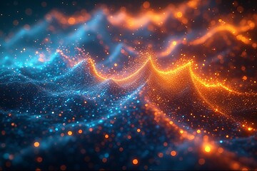 Vibrant cosmic nebula with swirling blue and orange energy trails and sparkling stardust evoking a sense of infinite space and celestial wonder