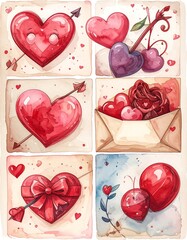 Six square Valentine's Day illustrations featuring hearts, arrows, cherries, roses, and gifts.  Watercolor style with a pastel color palette