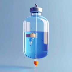 3D illustration of a clear blue intravenous solution bottle