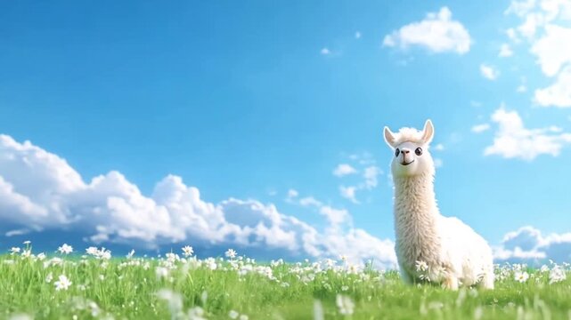 Cute white llama in a field of flowers under a blue sky.  Possible use Children's book illustration, animal nature postcard, social media post