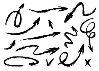 Arrows hand drawn set vector collection. Grunge brush doodle arrow symbols for decorative design elements. Simple arrow icons isolated on white background. Vector illustration for graphic projects.