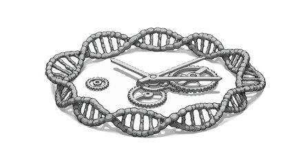 Obraz premium Biological Clock DNA Strand Encircling Gears Illustrating Genetic Timing