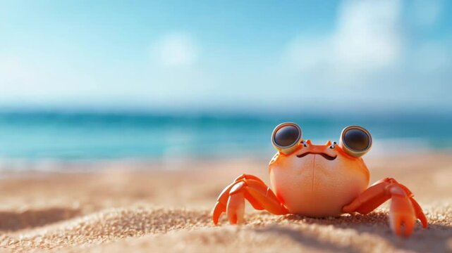 Cute crab on beach, sunny day, relaxing scene, digital art, background, stock photo